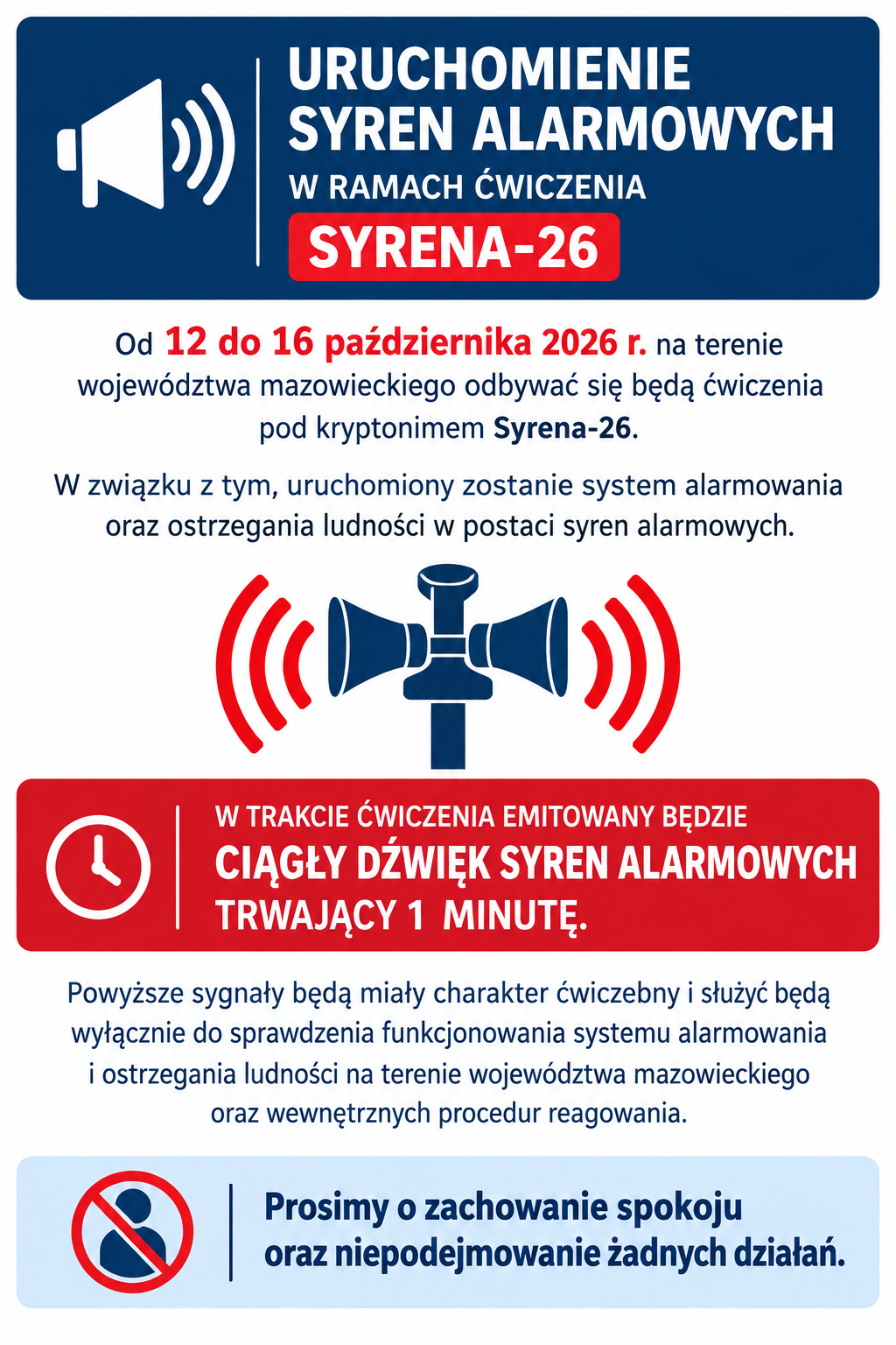 Uruchomienie syren alarmowych w ramach ćwiczenia Syrena-26 Od 12 do 16 października 2026 r. na terenie województwa mazowieckiego odbywać się będą ćwiczenia pod kryptonimem Syrena-26. W związku z tym, uruchomiony zostanie system alarmowania oraz ostrzegania ludności w postaci syren alarmowych. W trakcie ćwiczenia emitowany będzie ciągły dźwięk syren alarmowych trwający 1 minutę. Powyższe sygnały będą miały charakter ćwiczebny i służyć będą wyłącznie do sprawdzenia funkcjonowania systemu alarmowania i ostrzegania ludności na terenie województwa mazowieckiego oraz wewnętrznych procedur reagowania. Prosimy o zachowanie spokoju oraz niepodejmowanie żadnych działań.