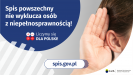 Na górze grafiki jest napis: Spis powszechny nie wyklucza osób z&nbsp;niepełnosprawnością! Poniżej umieszczone są cztery małe koła ze znakami dodawania, odejmowania, mnożenia i&nbsp;dzielenia, obok nich napis: Liczymy się dla Polski! Po prawej stronie grafiki widać dłoń przyłożoną do ucha. Na dole grafiki jest adres strony internetowej: spis.gov.pl. Obok jest logotyp spisu: dwa nachodzące na siebie pionowo koła, GUS, pionowa kreska, Narodowy Spis Powszechny Ludności i&nbsp;Mieszkań 2021.